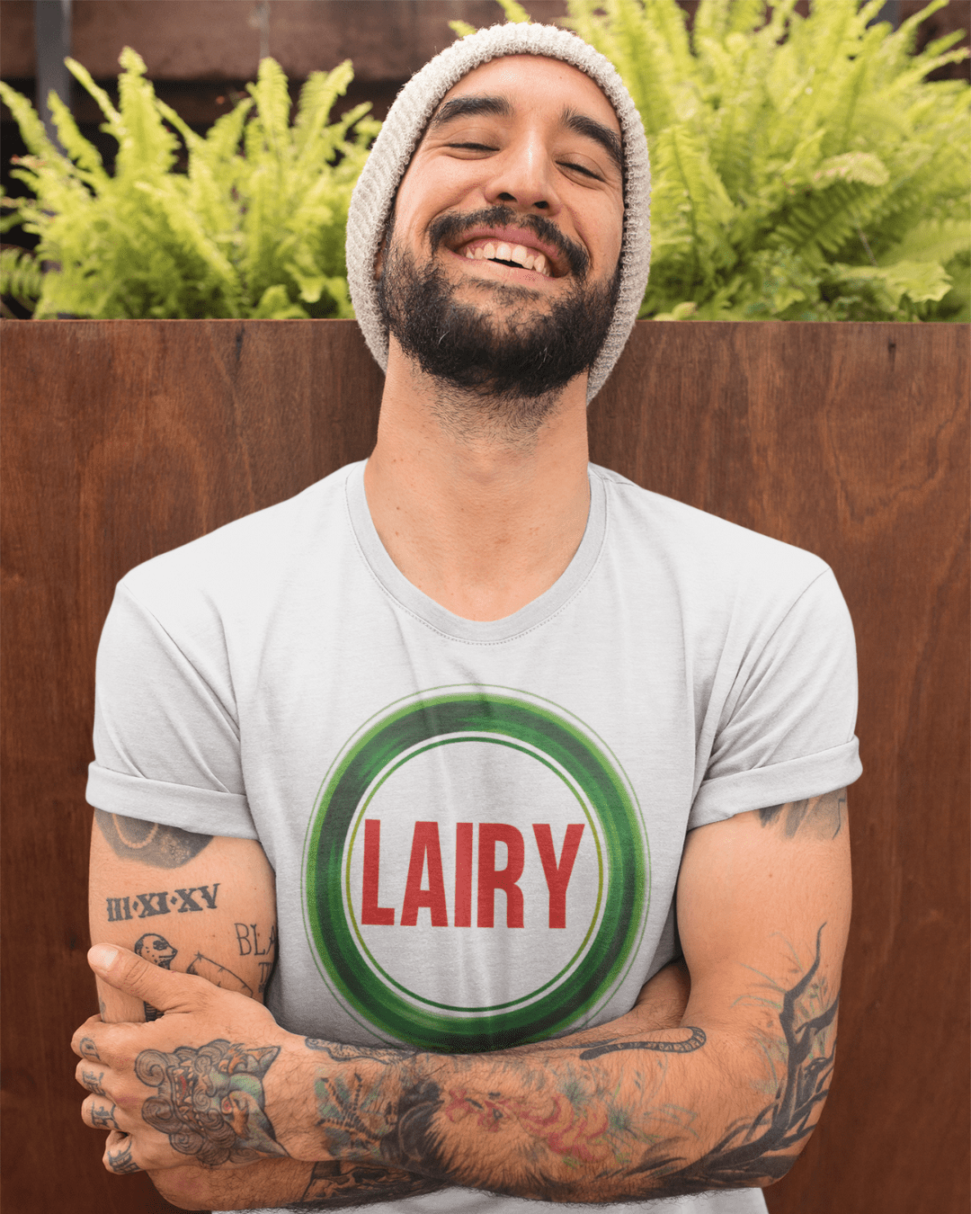 man wearing funny graphic t-shirt which reads "Lairy"