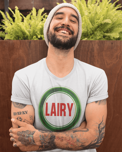 man wearing funny graphic t-shirt which reads "Lairy"